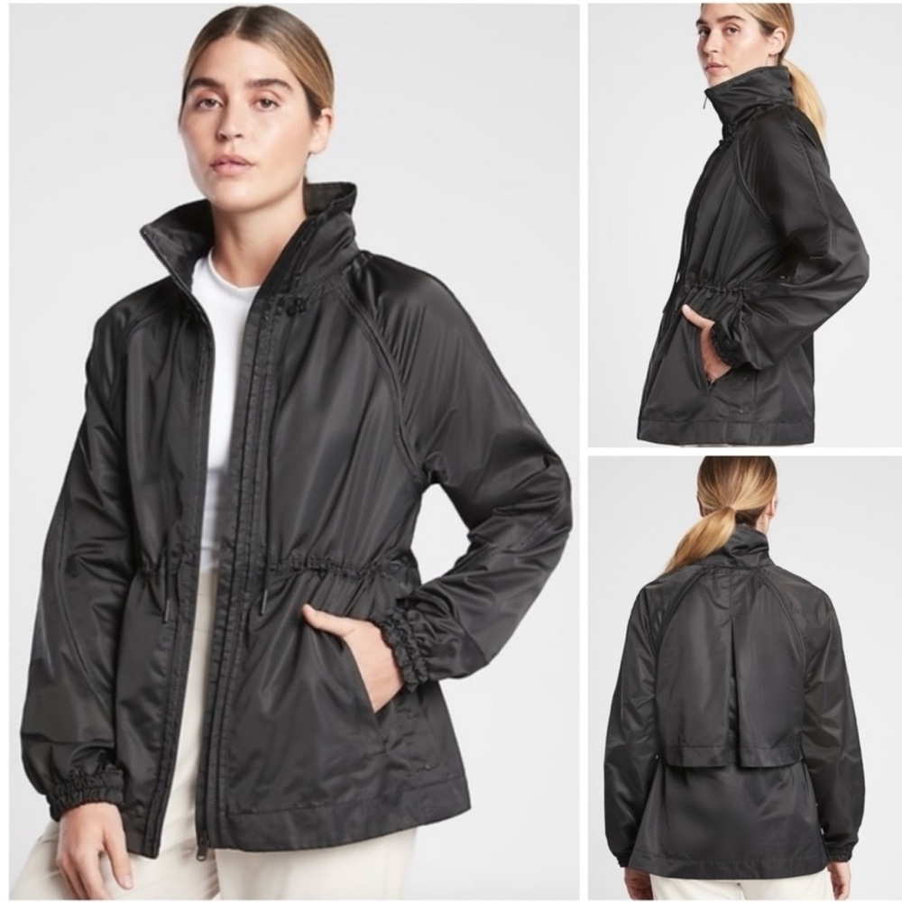 Athleta Escape black lightweight cinched long jacket, size XL